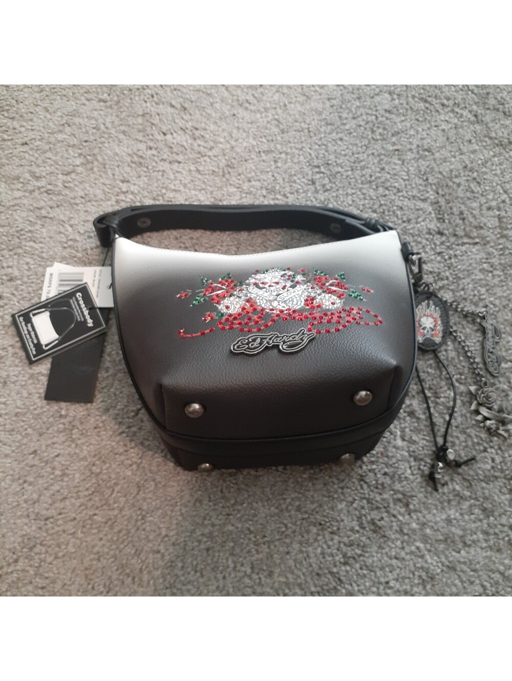 Ed Hardy Black and White Crossbody Bag with Skull and Floral Design